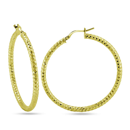 Gold Plated 925 Sterling Silver Silver 3mm Diamond Cut Textured Hoop Earrings