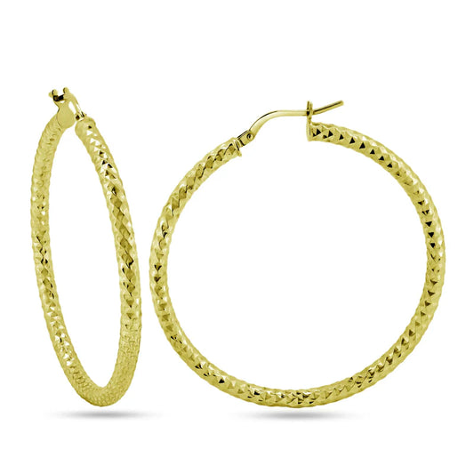 Gold Plated 925 Sterling Silver Silver 3mm Diamond Cut Textured Hoop Earrings