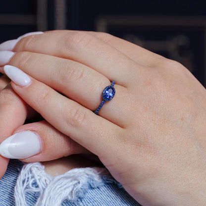 Black Rhodium Plated 925 Sterling Silver Blue Oval CZ Stone Ring