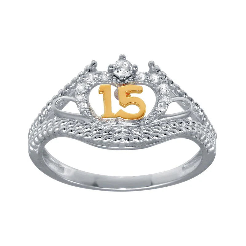 Rhodium Plated 925 Sterling Silver CZ Quinceanera Flower 2 Toned CZ Ring