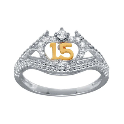 Rhodium Plated 925 Sterling Silver CZ Quinceanera Flower 2 Toned CZ Ring