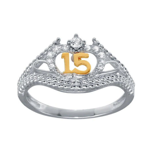 Rhodium Plated 925 Sterling Silver CZ Quinceanera Flower 2 Toned CZ Ring