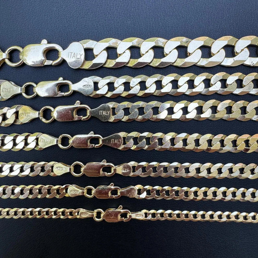 Flat Curb Cuban Chain Necklace - 14k Gold Vermeil 925 Sterling Silver - 16"-24" - 2mm-6mm Italy