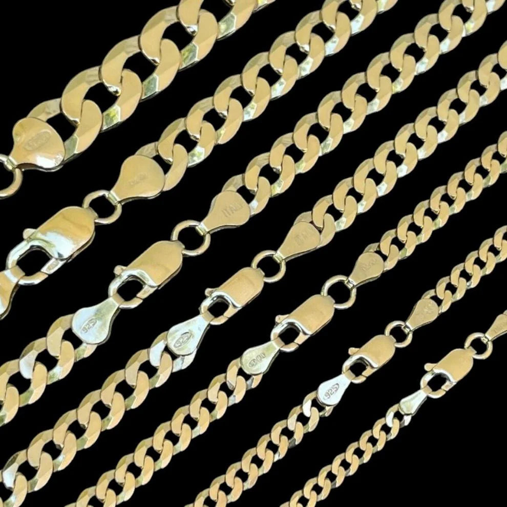 Flat Curb Cuban Chain Necklace - 14k Gold Vermeil 925 Sterling Silver - 16"-24" - 2mm-6mm Italy