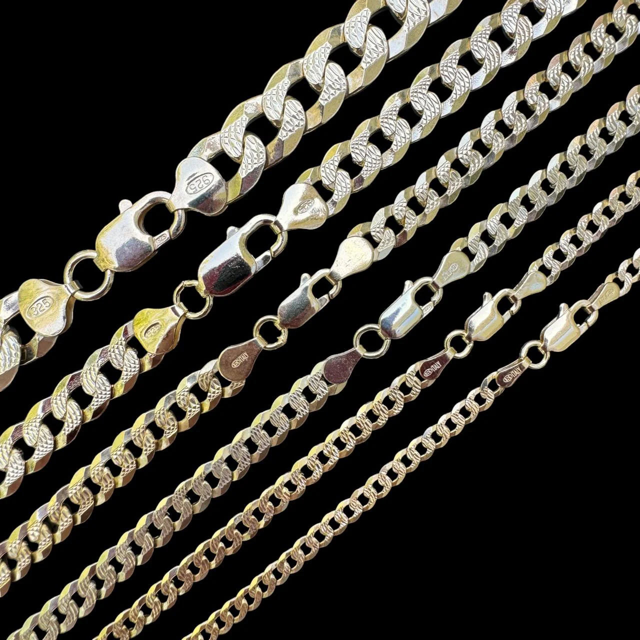 Flat Curb Cuban Chain Necklace - Two Tone Diamond Cut 14k Gold Vermeil 925 Sterling Silver