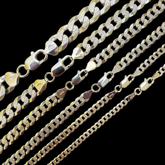 Flat Curb Cuban Chain Necklace - Two Tone Diamond Cut 14k Gold Vermeil 925 Sterling Silver