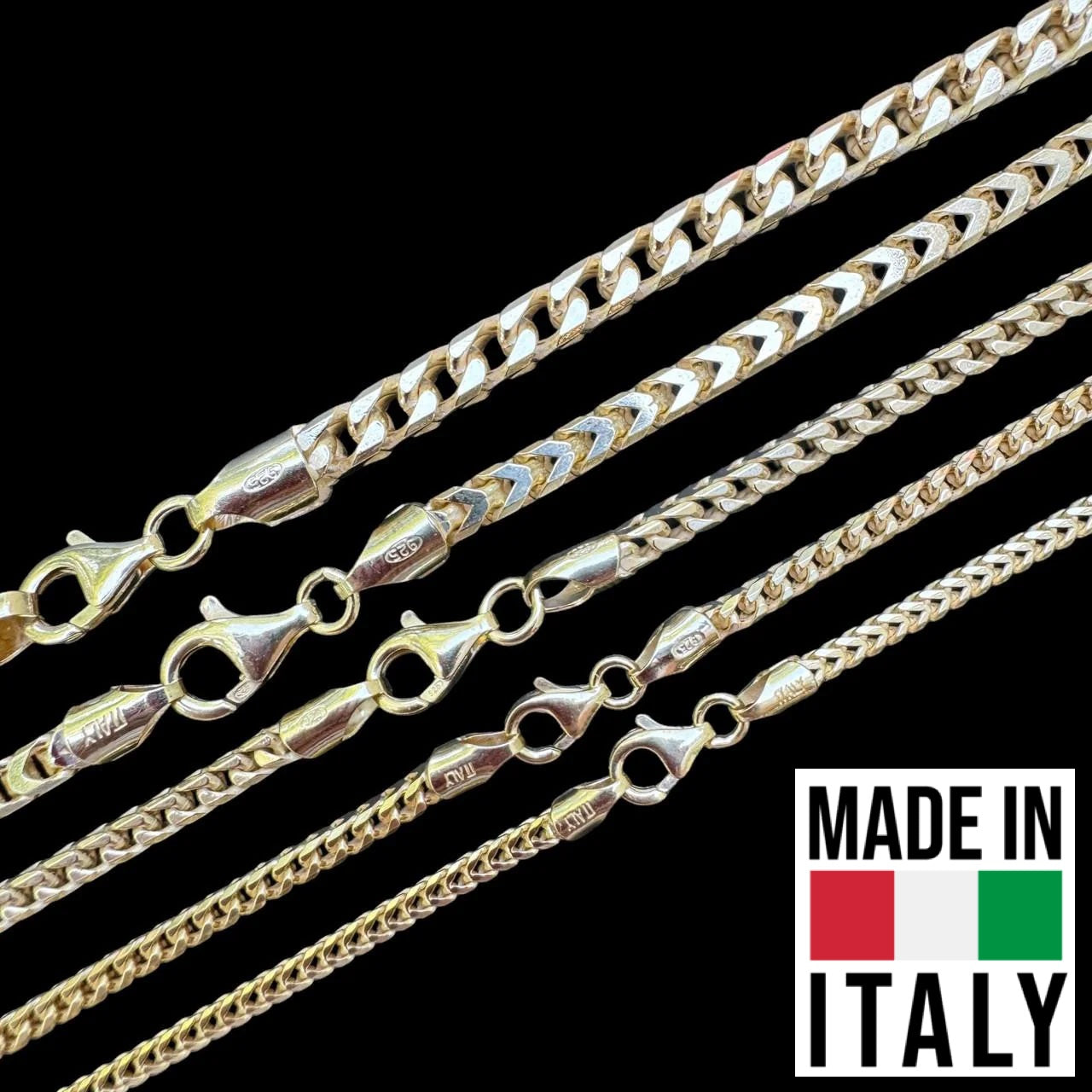Franco Link Chain Necklace - 14k Gold Vermeil 925 Sterling Silver - 8"-30" - 1.3mm-7mm
