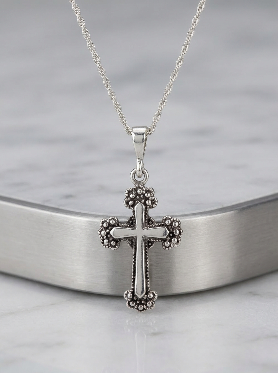 Sterling Silver Small Cross Necklace – Oxidized Cross Pendant – 2mm Rope Chain 22" – Unisex
