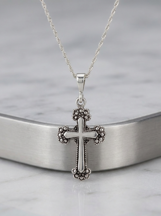 Sterling Silver Small Cross Necklace – Oxidized Cross Pendant – 2mm Rope Chain 22" – Unisex