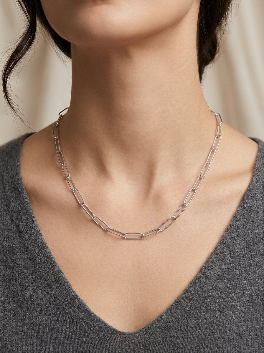 Rhodium Plated 925 Sterling Silver Oval Paperclip Link Chain or Bracelet – 6.5mm – Made in Italy