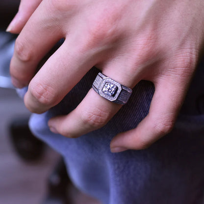 Rhodium Plated 925 Sterling Silver Men's 1 Carat Moissanite Stones Encrusted Statement Ring