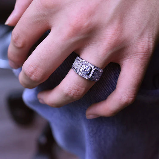Rhodium Plated 925 Sterling Silver Men's 1 Carat Moissanite Stones Encrusted Statement Ring