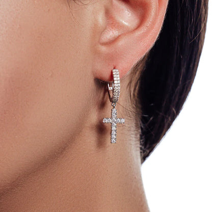 Rhodium Plated 925 Sterling Silver Moissanite Cross Hoop Earring