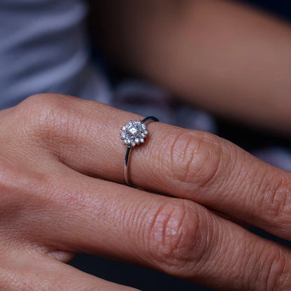 Rhodium Plated 925 Sterling Silver Flower Moissanite Ring