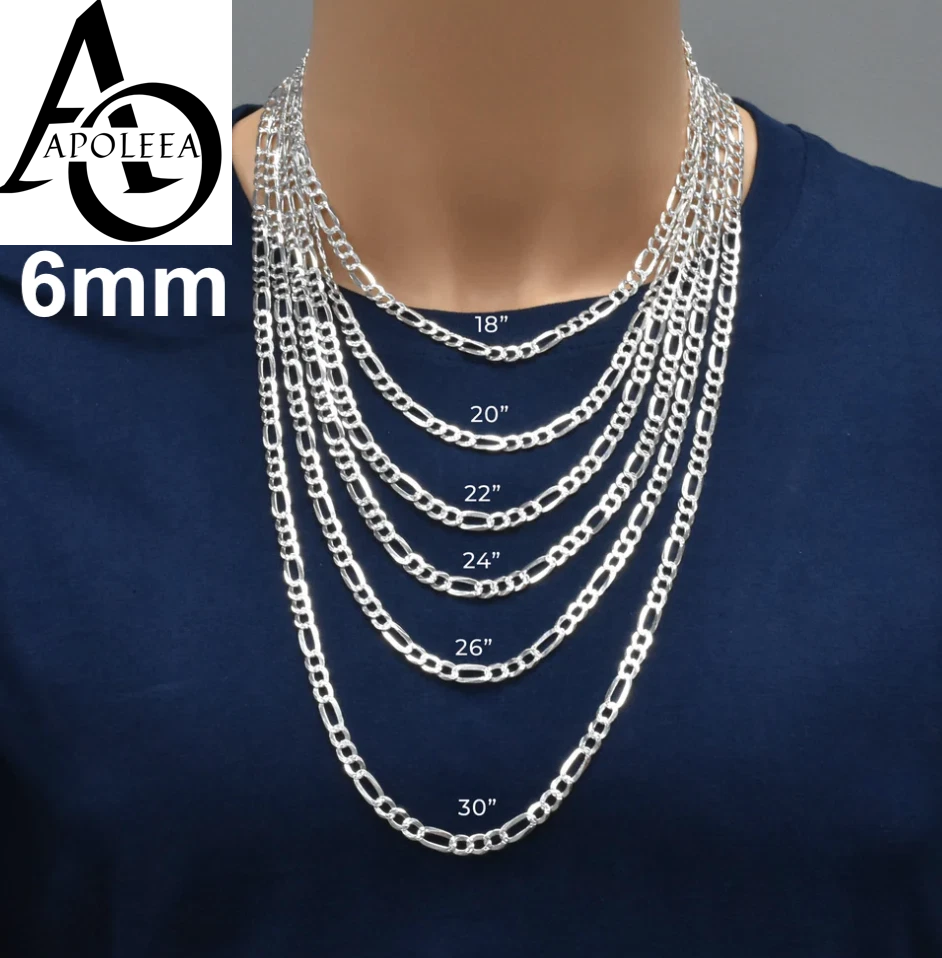 Men’s 925 Sterling Silver Figaro Diamond Cut Chain & Bracelet Italy 5–14mm