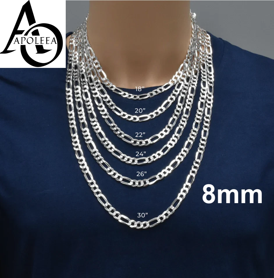 Men’s 925 Sterling Silver Figaro Diamond Cut Chain & Bracelet Italy 5–14mm
