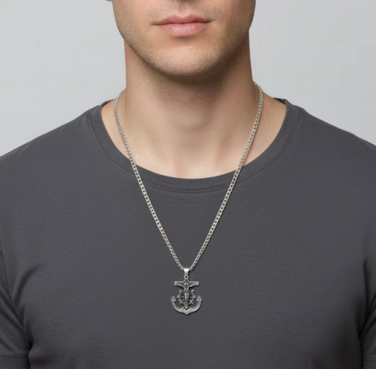 Sterling Silver Crucifix Anchor Pendant Necklace – Oxidized Rope Chain 18"