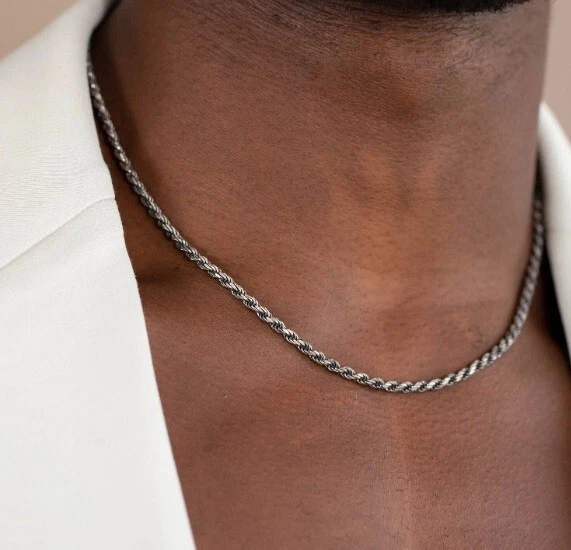 Sterling Silver Diamond-Cut Oxidized Rope Chain 3 mm 925 Antiqued Necklace