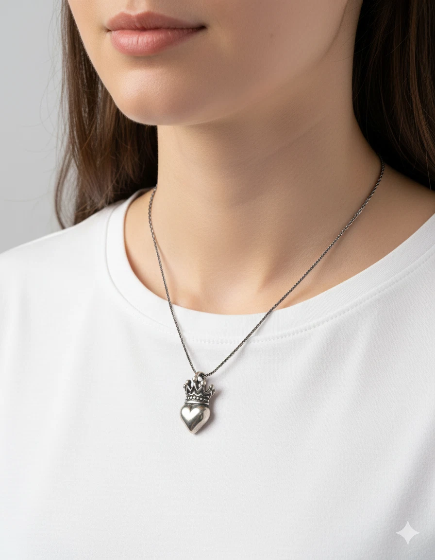 925 Sterling Silver Crowned Heart Pendant Necklace - Unique Royal Design on 18”