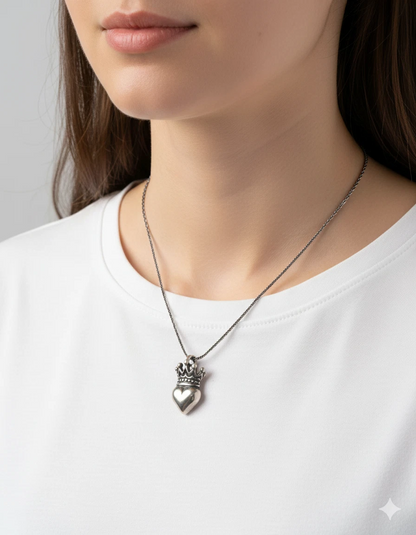 925 Sterling Silver Crowned Heart Pendant Necklace - Unique Royal Design on 18”