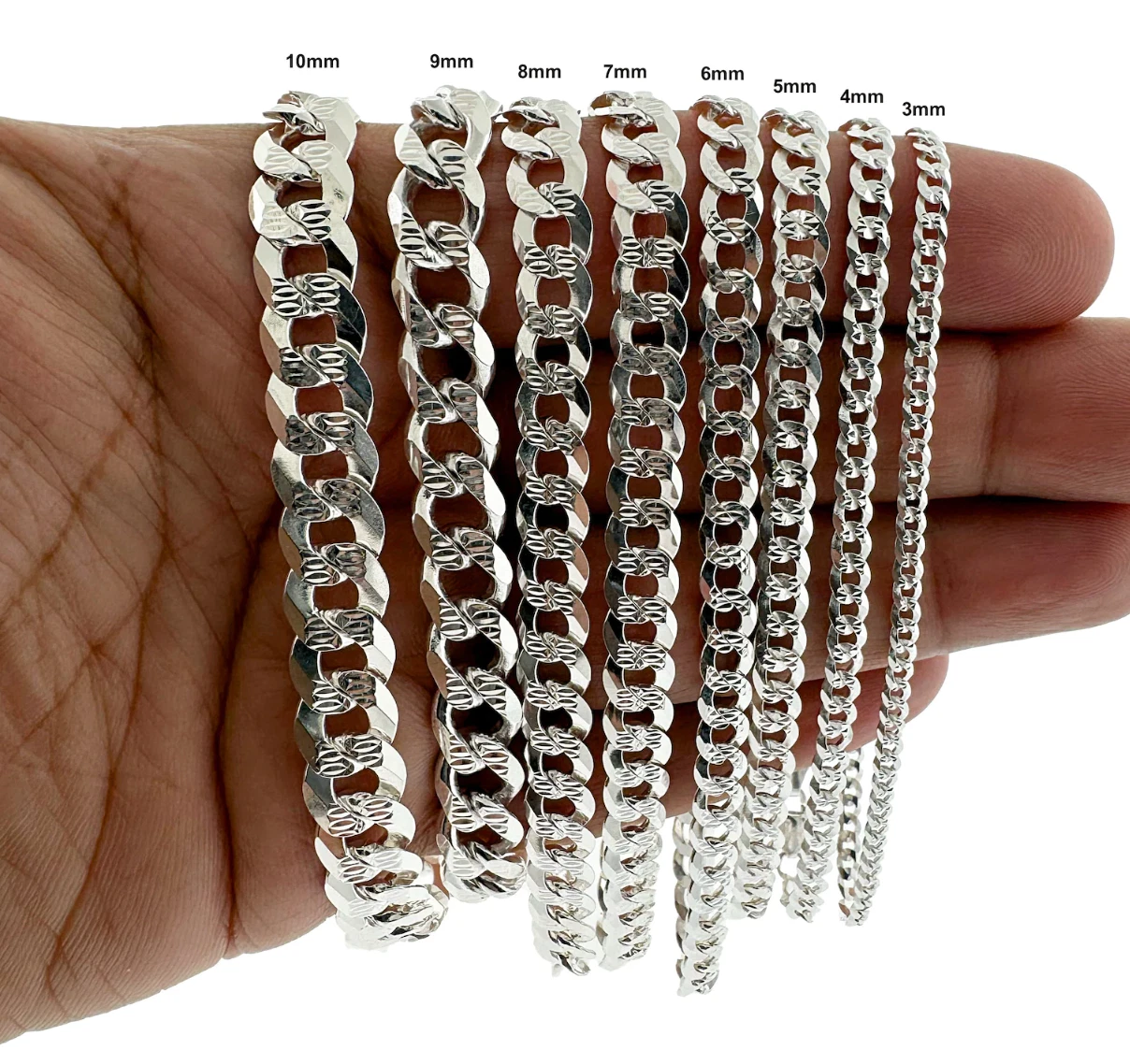 Real 925 Sterling Silver Diamond Cut Curb Cuban Chain Necklace or Bracelet – Made in Italy