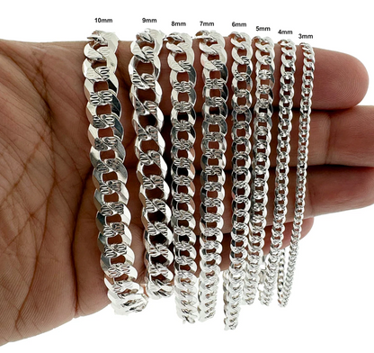 Real 925 Sterling Silver Diamond Cut Curb Cuban Chain Necklace or Bracelet – Made in Italy