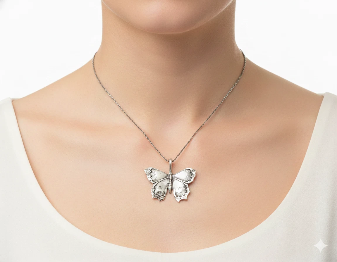 Sterling silver Butterfly necklace, Butterfly Pendant- Silver butterfly 18" rope