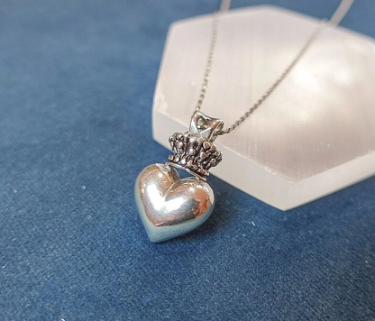 Sterling silver Heart with crown pendant necklace - Oxidized - rope chain 18"