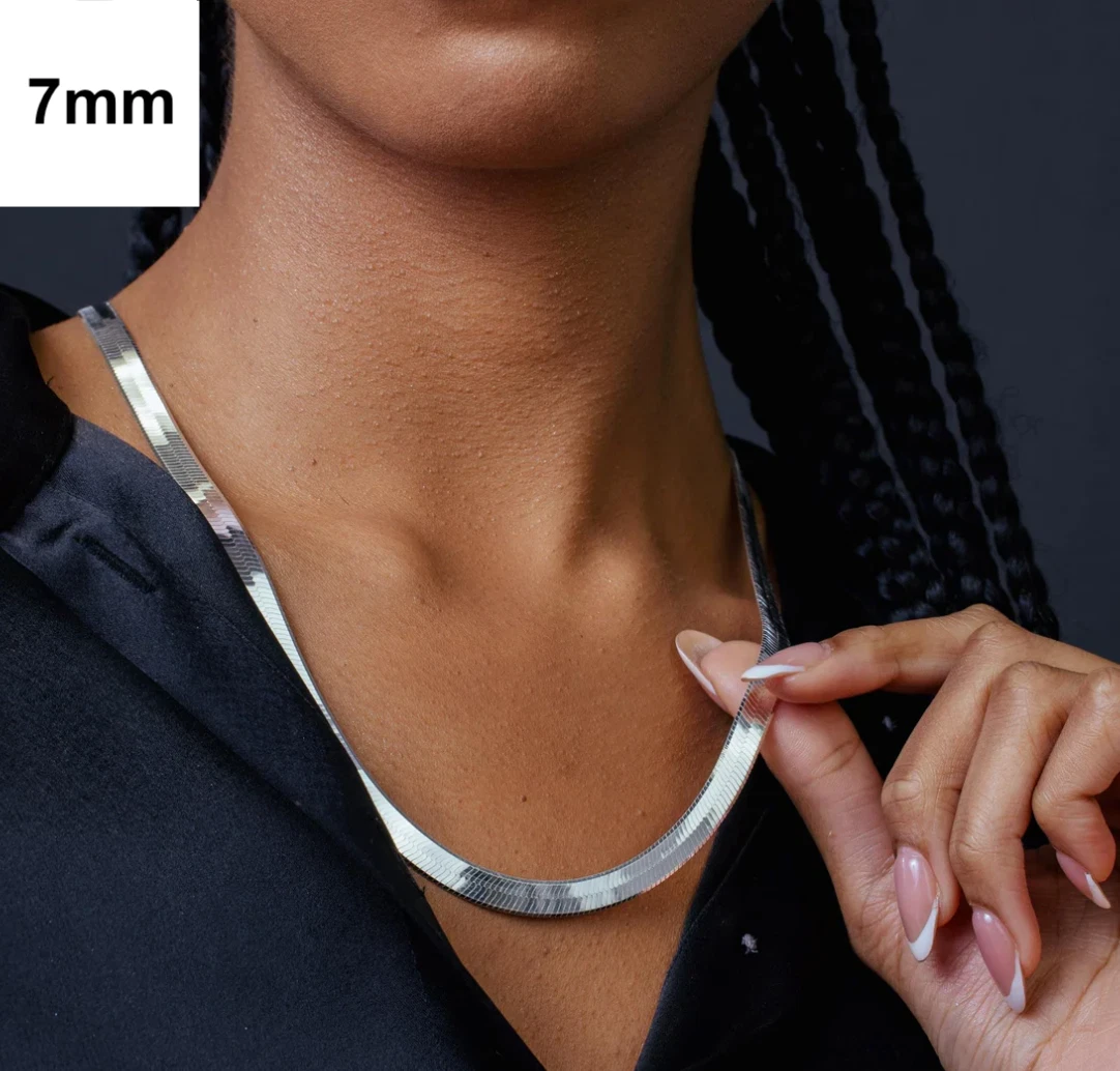 925 Sterling Silver Herringbone Chain Necklace – Solid Silver – Made in Italy