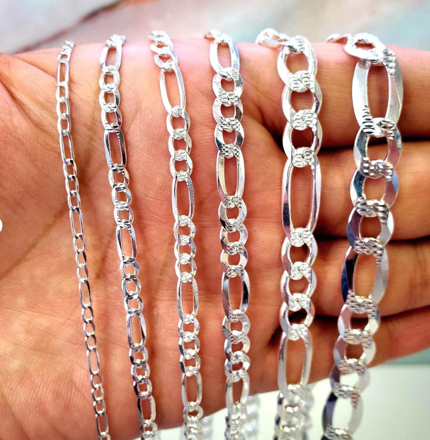 Men’s 925 Sterling Silver Figaro Diamond Cut Chain & Bracelet Italy 5–14mm