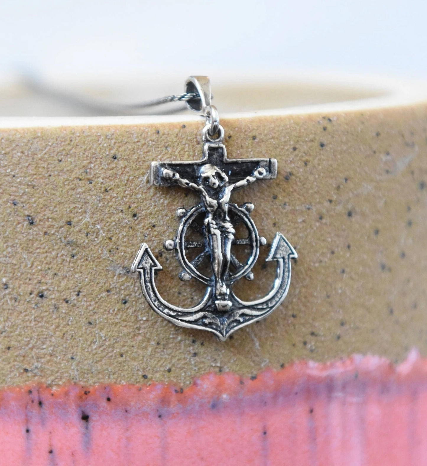 Sterling Silver Crucifix Anchor Pendant Necklace – Oxidized Rope Chain 18"