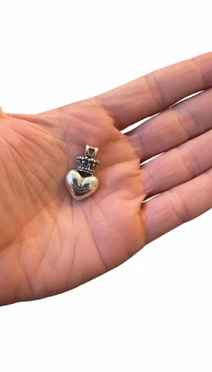 Sterling silver Heart with crown pendant necklace - Oxidized - rope chain 18"