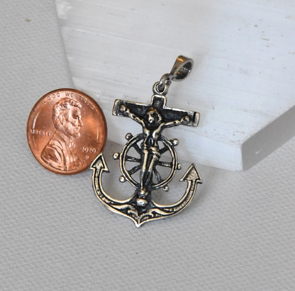 Sterling Silver Crucifix Anchor Pendant Necklace – Oxidized Rope Chain 18"