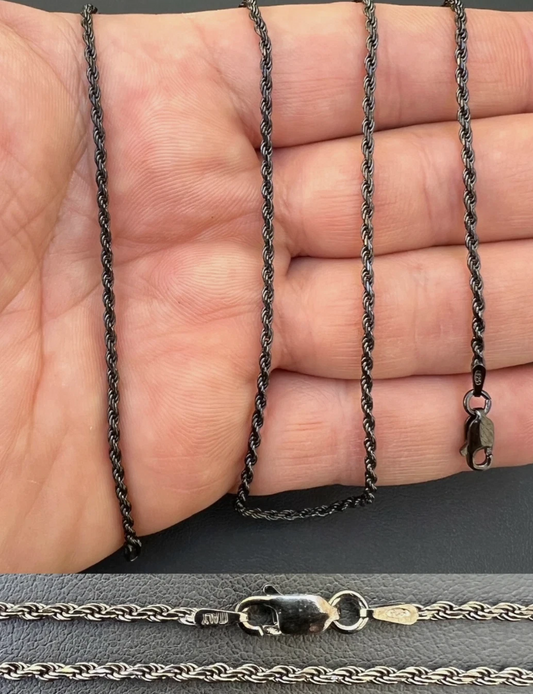 Sterling Silver Diamond-Cut Oxidized Rope Chain 3 mm 925 Antiqued Necklace