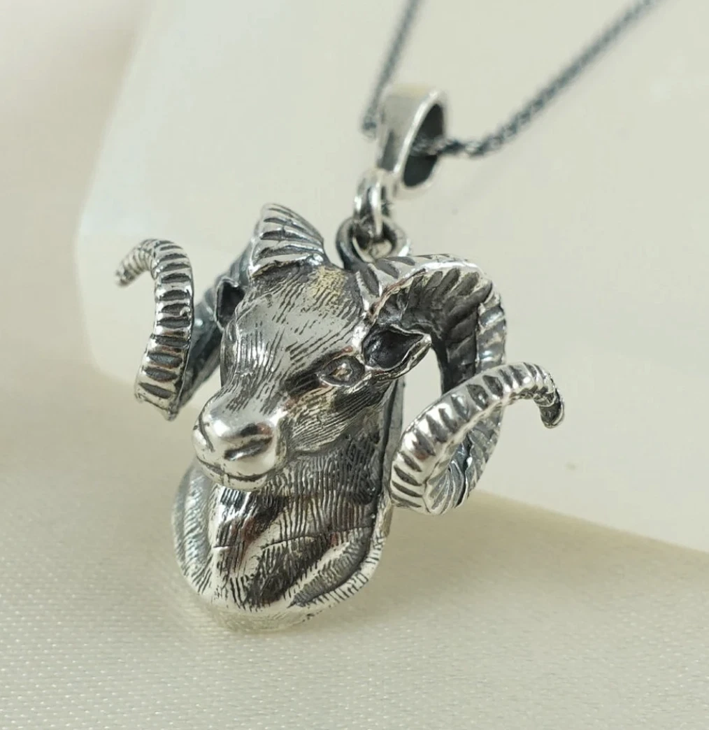 Bold 925 Sterling Silver Ram Head Pendant Necklace - Unique Animal Design