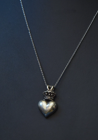 Sterling silver Heart with crown pendant necklace - Oxidized - rope chain 18"