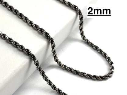 Sterling Silver Diamond-Cut Oxidized Rope Chain 2 mm 925 Antiqued Necklace