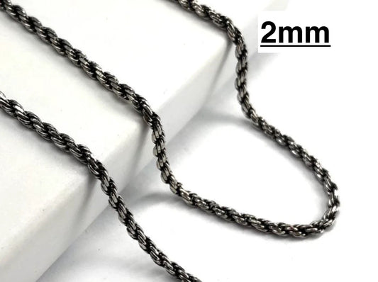 Sterling Silver Diamond-Cut Oxidized Rope Chain 2 mm 925 Antiqued Necklace