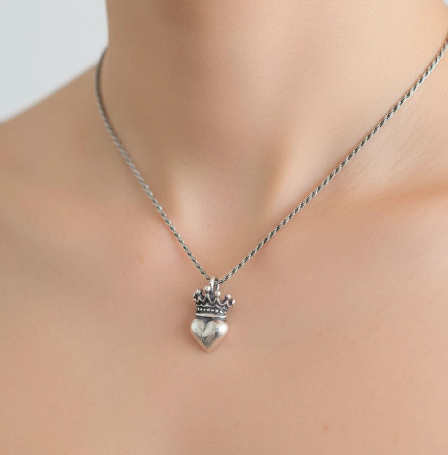 925 Sterling Silver Crowned Heart Pendant Necklace - Unique Royal Design on 18”