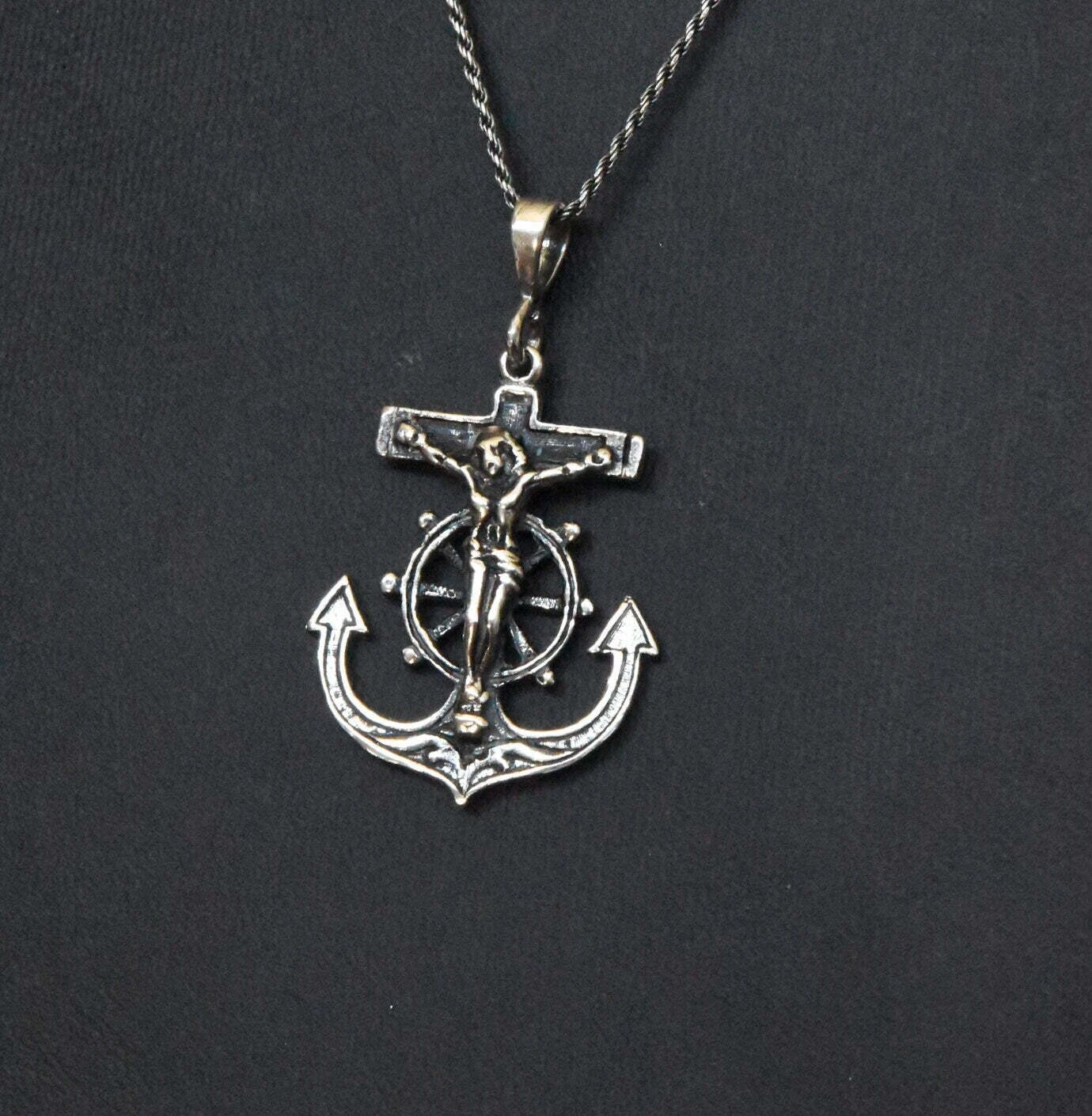 Sterling Silver Crucifix Anchor Pendant Necklace – Oxidized Rope Chain 18"