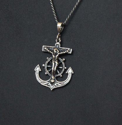 Sterling Silver Crucifix Anchor Pendant Necklace – Oxidized Rope Chain 18"