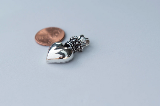 Sterling silver Heart with crown pendant necklace - Oxidized - rope chain 18"