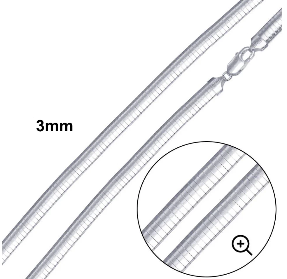 .925 Sterling Silver High Polished Omega Flat Chain 2mm-8mm Necklace 16”-20”