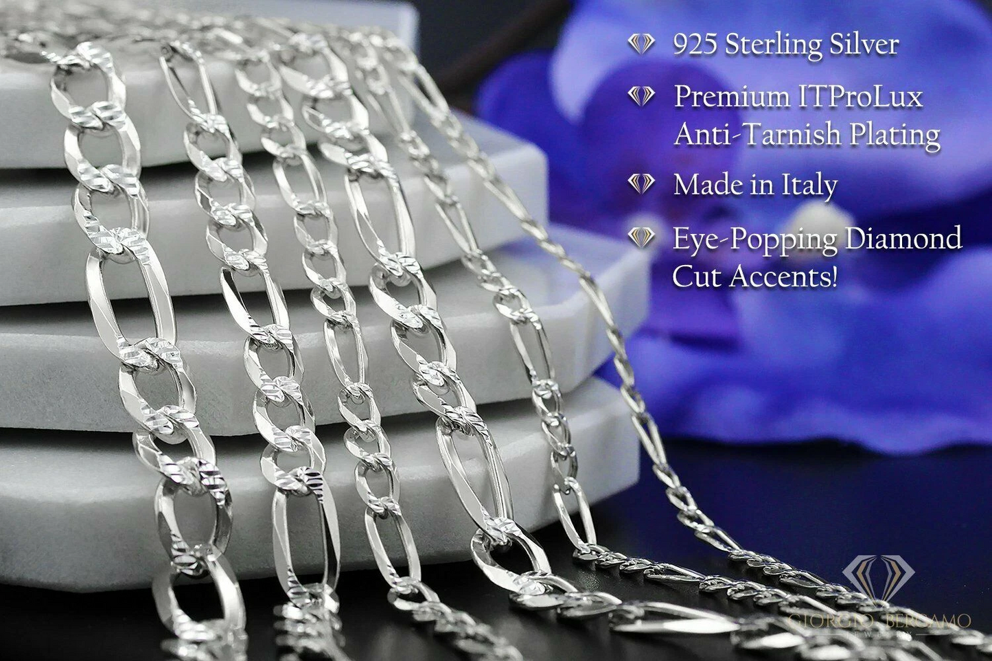 Men’s 925 Sterling Silver Figaro Diamond Cut Chain & Bracelet Italy 5–14mm