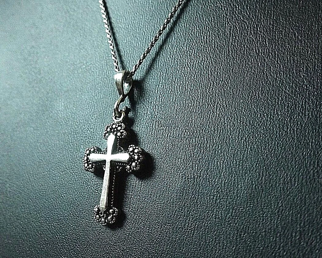 Sterling Silver Small Cross Necklace – Oxidized Cross Pendant – 2mm Rope Chain 22" – Unisex