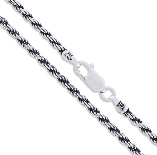 925 SOLID Sterling Silver Diamond-Cut ROPE Chain 1mm- ITALY - Oxidized
