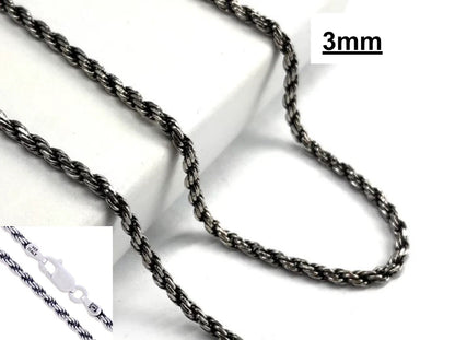Sterling Silver Diamond-Cut Oxidized Rope Chain 3 mm 925 Antiqued Necklace