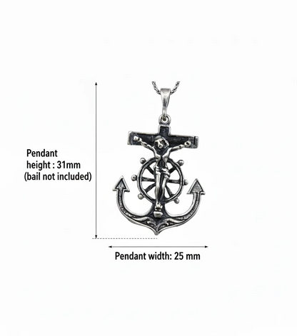 Sterling Silver Crucifix Anchor Pendant Necklace – Oxidized Rope Chain 18"