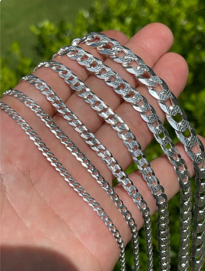 Real 925 Sterling Silver Diamond Cut Curb Cuban Chain Necklace or Bracelet – Made in Italy