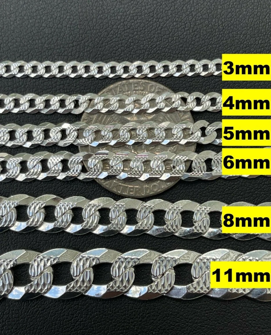 Real 925 Sterling Silver Diamond Cut Curb Cuban Chain Necklace or Bracelet – Made in Italy
